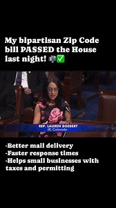 My bipartisan Zip Code bill PASSED the House last night! 📬✅ For 15 communities across Colorado, this legislation will improve mail delivery for seniors and veterans, provide quicker response times for police and safety first responders, and help small businesses with revenue and permitting issues.. | Congresswoman Lauren Boebert