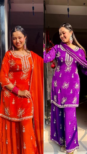 K Studioo on Instagram: "BOOK YOURS NOW LIMITED STOCK ONLY ❌❌❌❌❌ •Fabric: Soft, flowy fabric that feels light and breathable •Color: Rich vibrant Pink, Orange, purple with a festive glow •Neckline: Elegant embroidered neckline with delicate mirror & thread work •Embroidery: Intricate floral motifs spread evenly across the kurta and sharara •Sleeves: 3/4th sleeves with matching embroidery detailing •Bottom Wear: Flowy sharara pants with subtle embroidered accents •Dupatta: Lightweight dupatta wit