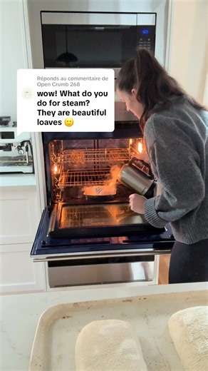 Réponse à @Open Crumb 268 Creating steam in your home oven 🥖 One of the secrets to a beautiful crust is steam — and you don't need anything fancy to make it happen. Here's what I do: I place a pan with boiling water at the bottom of my oven right before baking. In this video, you'll also see a cloth in the pan. In theory, it helps dispense more steam — but in my latest test, I honestly didn't notice a difference. So if you'd rather skip the cloth, go for it. The boiling water alone does the job