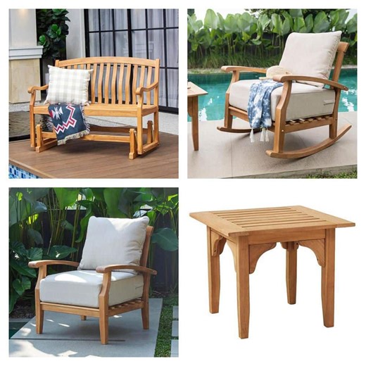 Cambridge Casual Torrey Teak Lounge Chair, Rocking Chair with Beige Cushion, Colton Glider Bench and Side Table Combo - The Home Depot
