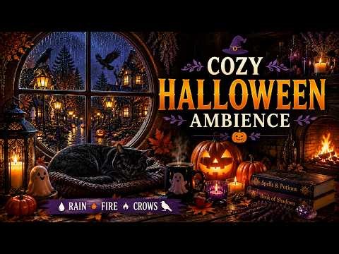 🎃 Cozy Halloween Ambience 🌧️ Rain, Crackling Fireplace & Distant Crows | 3 Hours
