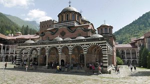 RILA, BULGARIA: The Monastery of Saint Ivan of Rila, better known as the Rila Monastery is the largest and most famous Eastern Orthodox monastery in Bulgaria. general view of the inner courtyard