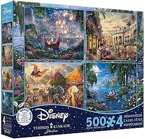 Ceaco - 4 in 1 Multipack - Thomas Kinkade - Disney Dreams Collection - Tangled, Mickey and Minnie Mouse, Dumbo, & The Little Mermaid - (4) 500 Piece Jigsaw Puzzles , Blue