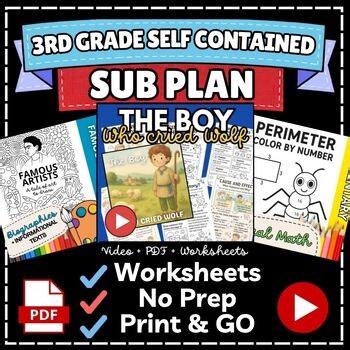3rd Grade Sub Plans Full Day No Prep | Math Reading SEL Art Activities Emergency