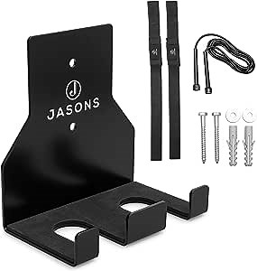 JASONS Barbell Holder Wall Mount – Olympic Barbell Storage Rack for Home/Gym Fitness Equipment – Vertical Barbell Stand with Jump Rope & Lifting Straps – Barbell Holder Stand, Barbell Wall Mount