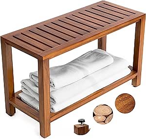 Teak Shower Bench 30 Inch – Fully Assembled Wooden Bench with Shelf, Water-Resistant, Non-Slip Adjustable Feet – Indoor Spa, Garden, or Bathroom Use