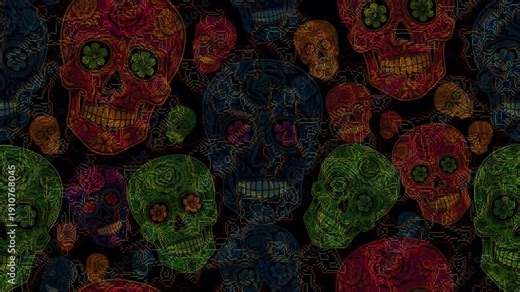 Vibrant Skulls Pattern with Day of the Dead Celebrations in a Dark Background from a Direct Viewpoint