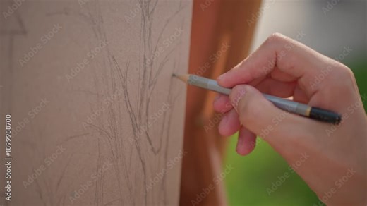 closeup hand sketching tree outline, outdoor easel under soft sunlight, pencil strokes map bark and branch texture, focused street sketcher capturing composition and atmosphere with patient technique