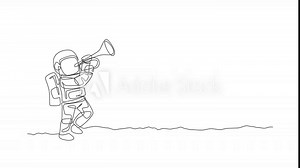 Animation of one line drawing spaceman playing trumpet musical instrument in moon surface. Music concert poster with space astronaut concept. Continuous line self draw animated. Full length motion.