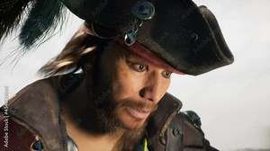 A pirate walking through a strong wind on a foggy, deserted island. The man was created using 3D computer graphics. 3D rendering. The loopable animation is ideal for pirate and adventure backgrounds.