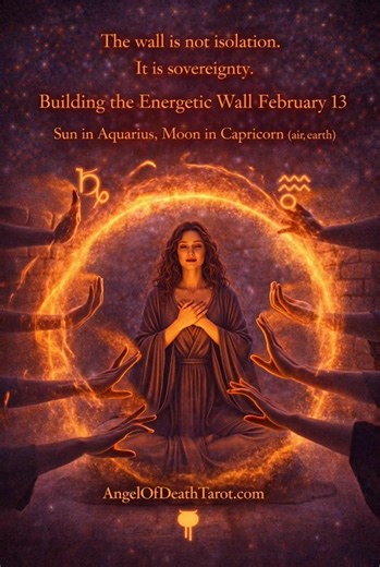 The wall is not isolation. It is sovereignty. Building the Energetic Wall | February 13 Sun in Aquarius, Moon in Capricorn (air, earth) Today is not about emotional withdrawal. It is about wise containment. The Capricorn Moon strengthens discernment. It asks you to become conscious of where your energy is being spent without consent, without reciprocity, without purpose. Sit quiet. Feel where your energy seeps out: maybe to old wounds, draining ties, or unchecked noise. Envision a wall rising ar