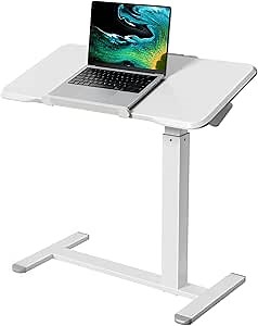 Rolling Laptop Desk, 180° Tiltable Mobile Standing Desk Height Adjustable, Overbed Bedside Table, 32inch Portable Computer Desk with Lockable Wheels, Foldable Cart for Home Office, White