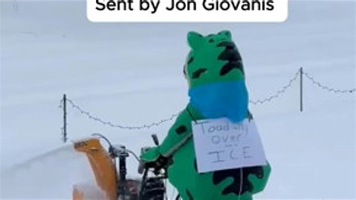 Inflatable frog spotted snow blowing in Fairview Park