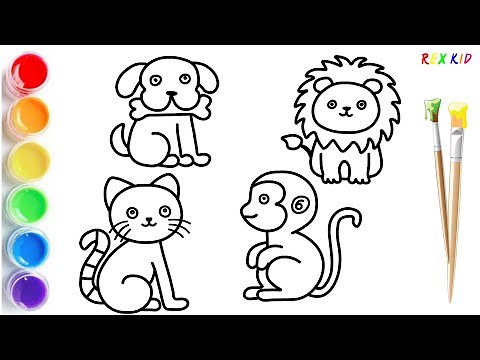 Draw and Color Animals for Kids | Dog, Cat, Lion & Monkey | Easy Drawing for Toddlers