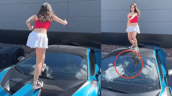 Woman climbs up on roof of Lamborghini to dance, smashes windshield – Viral video