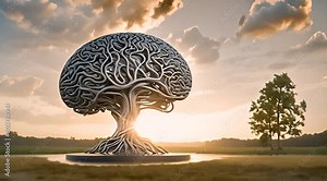 Abstract tree with roots resembling human brain, tall and lush with green leaves,symbolizing the interconnectedness of the human mind with nature and the wisdom of the natural world
