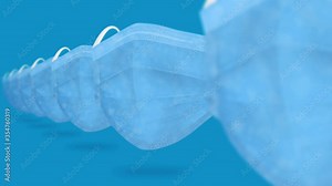 Many medical masks to cover mouth and nose for protection from virus. Health care concept. 3D realistic medical mask. Loop animation.