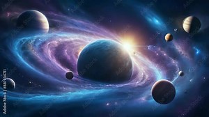 Stunning cinematic video of the solar system, capturing all the planets in a swirling, smooth dance, with stunning motion-activated video quality