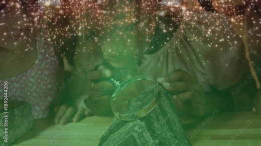 Teenage girl grabbing magnifying glass on table, friends examining geode crystals for science