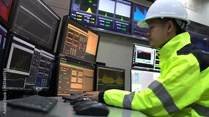 Engineer working in a control room,programming to manage industrial machines,monitoring multiple screens,efficient workflow
