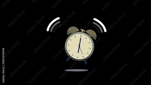 Cartoon traditional alarm clock jumping wildly with ringing sound waves effect. Animated motion graphic on black background, perfect for wake up and morning concepts. Loopable video.
