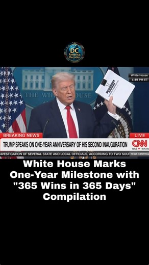 DC America Decoder🇺🇸 on Instagram: "White House Marks One-Year Milestone with "365 Wins in 365 Days" Compilation Today, January 20, 2026 — the one-year anniversary of the current presidential term's start — the White House released a detailed summary titled "365 Wins in 365 Days." This document outlines reported policy achievements across areas like border security, economic investment, energy production, public safety, and international relations. During a briefing, a large binder of these it