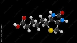Molecular structure of Vitamin B7(biotin). Also known as Vitamin H. 3D render. Seamless loop. Chemical structure model: Ball and Stick. RGB + Alpha (Transparent) channel.