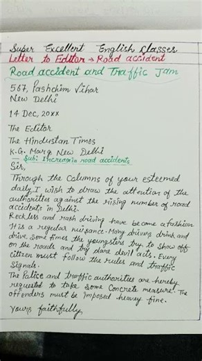 Letter to Editor, Road accidents & Traffic Jam By S. Kumar#like #exam #englishgrammar #comment #