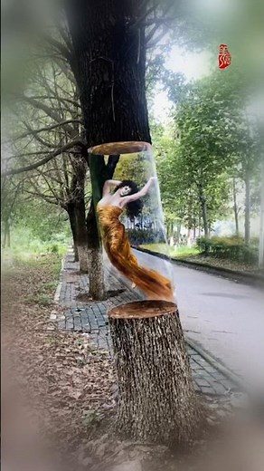 3D Trunk Trick: Floating Figure Illusion #3DTrickArt #Shorts3D树干诡计：悬浮人像错觉