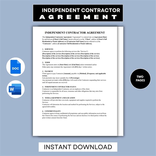 Editable Independent Contractor Agreement: Google Docs & Word Template (two Pages), Digital Download - Etsy