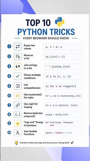 🐍 Top 10 Python Tricks Every Beginner Should Know!#python #tricks #tech#programming #ai