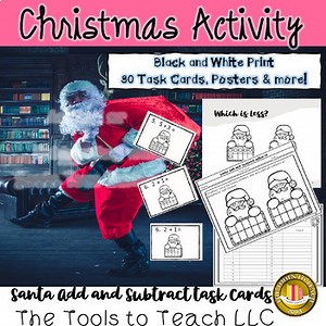 Christmas Santa Add and Subtract to 20 Ten Frames Black and White Grades 1st-3rd