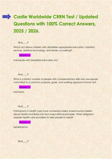 Castle Worldwide CRRN Test Updated Questions with 100% Correct Answers 2025 2026