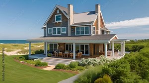 Charming seaside cottage with a traditional shingle exterior and a sy elevated foundation to withstand coastal storms.