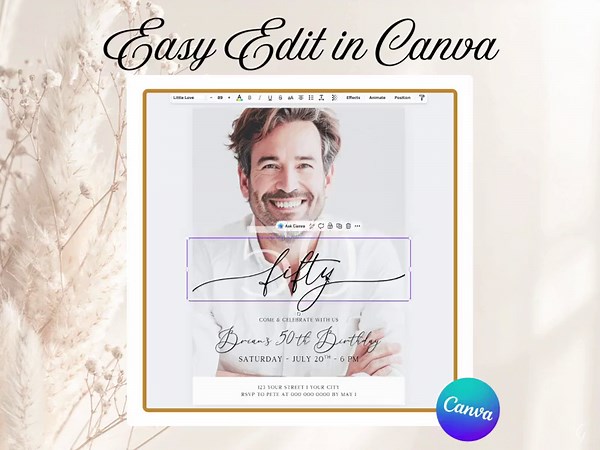 50th Birthday Invitation Template | Canva Template | Editable, Customizable DIY Card | Instant Download | 5 × 7 in (US) & Din A6 (EU) - Etsy