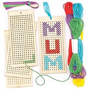 Baker Ross AR141 Wooden Bookmark Cross Stitch Kits - Pack of 4, Embroidery Set with Thread for Kids