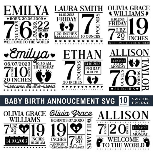 Baby Birth Annoucement SVG Bundle, Baby Stats, Newborn Boy Girl Weight Height Date Designs - Etsy