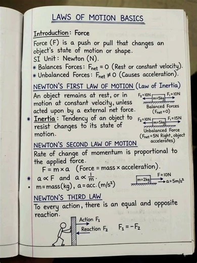 LAWS OF MOTION BASICS 🚀 | Newton’s 1st, 2nd & 3rd Law Explained | Physics Notes for NEET/JEE