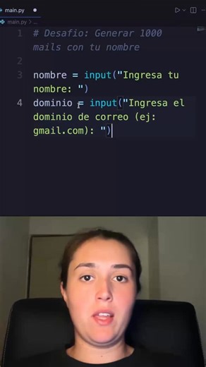 Programa con Mica on Instagram: "Generar 1000 mails con tu nombre usando python import os def generar_correos(nombre, dominio, cantidad=1000): correos = [] for i in range(1, cantidad + 1): correo = f”{nombre}{i}@{dominio}” correos.append(correo) nombre_archivo = “correos_generados.txt” try: with open(nombre_archivo, ‘w’) as f: for correo in correos: f.write(correo + ‘\n’) print(f”Se han generado {cantidad} correos electrónicos.”) except Exception as e: print(f”Ocurrió un error al intentar guarda
