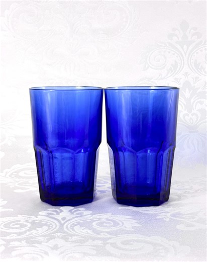 Crisa Cobalt Blue “boston” Tumblers Set of 2 | Octagonal Panel Glasses | Ribbed Barware - Etsy