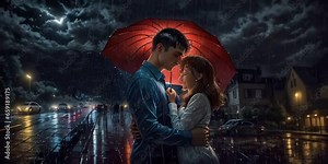 a couple is hugging in the rain under an umbrella in the dark night time animation - Created Using Generative AI technology