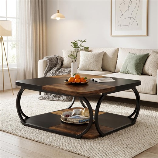 Large Square Coffee Table With 2 Tier Storage Shelf: Modern Walnut Wood Living Room Table - Etsy