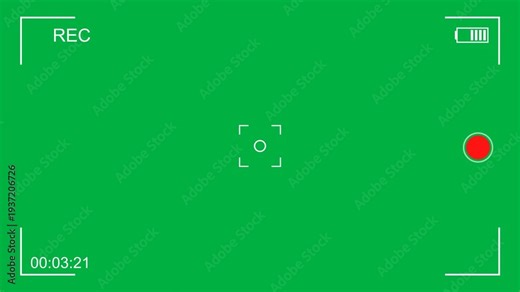 Green screen recording interface with a time record button, battery indicator, an a digital video camera display. Recording camera screen interface with alpha channel, Camera recording screen overlay