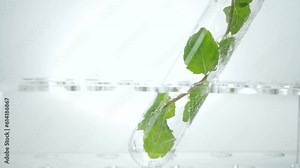 Chemical fluid slow motion flow down into laboratory test tube for biology plant science research analysis concept