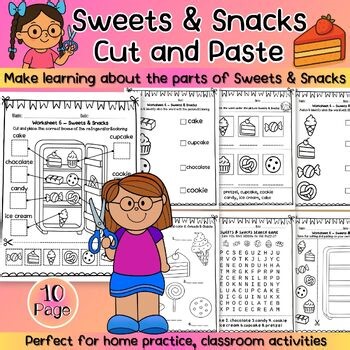 Sweets and Snacks Worksheet  | Cut and Paste, Matching, Coloring, Word Search
