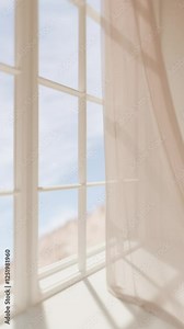 Minimalist window scene with subtle sheer curtain and sunlight looping background. Seamless peaceful travel and vacation concept