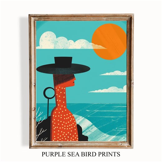 Coastal Folk Figure With Hat - Retro Minimalist Naive Art, Playful Turquoise Sea & Orange Sun, Summer Wall Art, Printable Marine Decor 1206 - Etsy