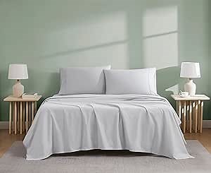 Linen Closet 3Pc 100% Organic Cotton Twin Sheets Set, Light Gray, 300 Thread Count, Percale Weave, Up To 18" Deep Pocket Fitted Sheet, Cooling & Breathable Twin Bed Sheets Set, Juego De Sábanas Twin