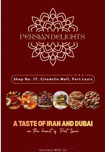✨ Craving Persian & Arabian delights? ✨ 📍Come discover us at Shop No 17, Citadelle Mall, Port Louis A taste of Iran 🇮🇷 and Dubai 🇦🇪 — in the heart of Port Louis 🇲🇺 Discover authentic Middle Eastern treats made with quality ingredients, thoughtfully crafted with care and love to nourish your body and delight your taste buds ❤️ 🌿 Healthy • Fresh • Delicious 🌱 Wholesome goodness for every lifestyle ✨ Natural • Nutritious • Simply irresistible #PersianDelights #PortLouis #Mauritius #Citadel
