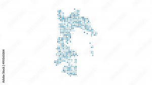 Patmos dotted digital map. Map of Patmos with pulsating colored circles. Shape of the island filled with blue disks. Astonishing video.